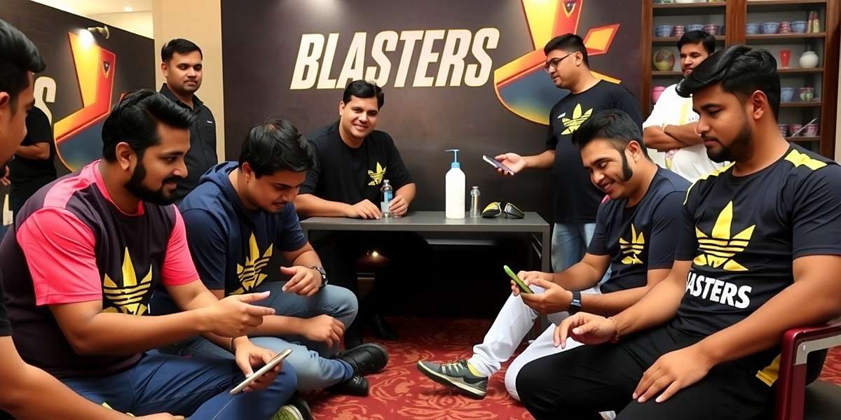 Bengaluru Blasters Player Community in India Bengaluru Blasters player meetup in Bangalore with fans wearing game merchandise and playing on mobile devices
