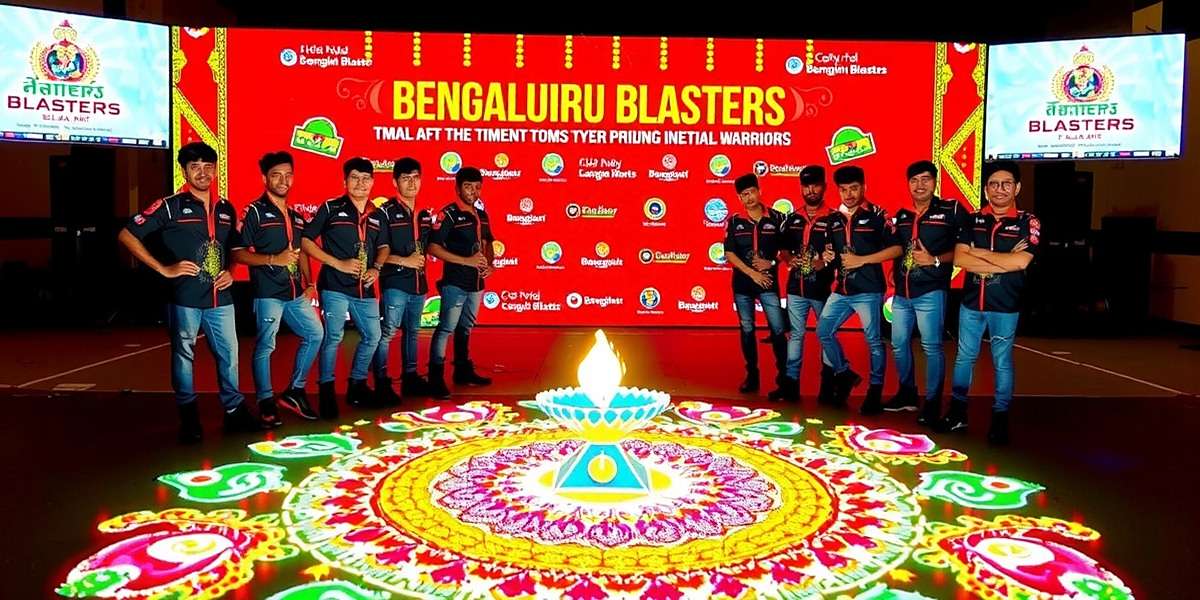 Bengaluru Blasters Diwali Event Bengaluru Blasters Diwali special event showing cyber warriors with traditional Indian festival lights and holographic rangoli designs